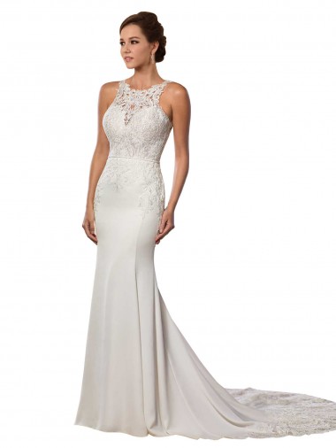 Chapel Train Ivory Sleeveless Sheath V-Back Modern Wedding Dress Canberra