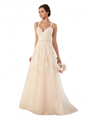 Chapel Train Ivory Sleeveless A-Line Tulle & Lace Wedding Dress Canberra