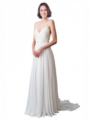 Chapel Train Ivory Sleeveless A-Line Soft Chiffon & Lace Beach Wedding Dress Canberra