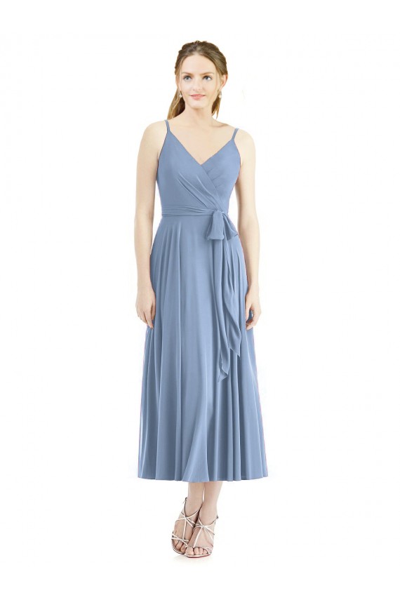 Tea Length Dusty Blue Sleeveless A-Line Bridesmaid Dress Canberra