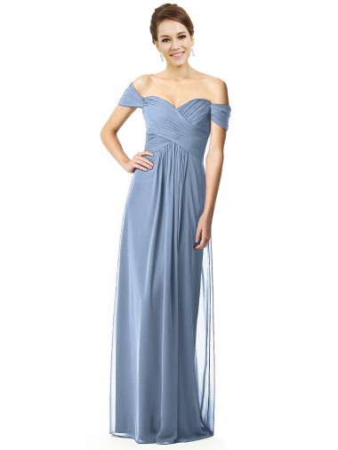 Long Dusty Blue Cap Sleeves A-Line Soft Chiffon Bridesmaid Dress Canberra