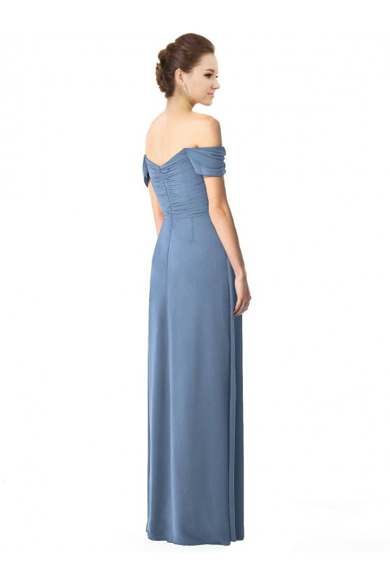 Long Dusty Blue Cap Sleeves A-Line Soft Chiffon Bridesmaid Dress Canberra