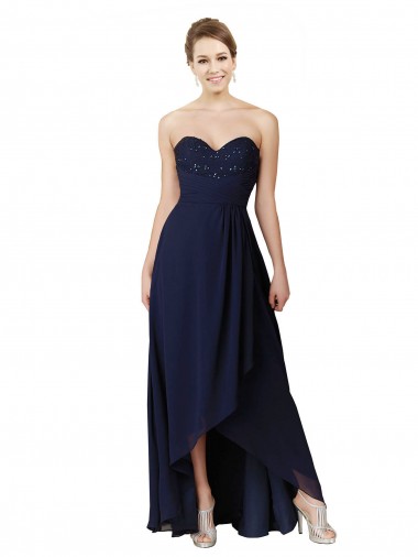 Long Dark Navy Sleeveless A-Line High Low Bridesmaid Dress Canberra