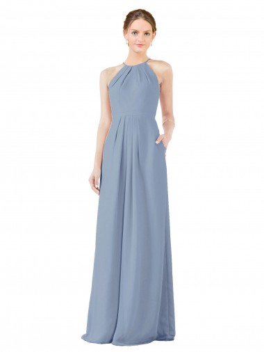 Long Dusty Blue Sleeveless Sheath Keyhole Back Bridesmaid Dress Canberra