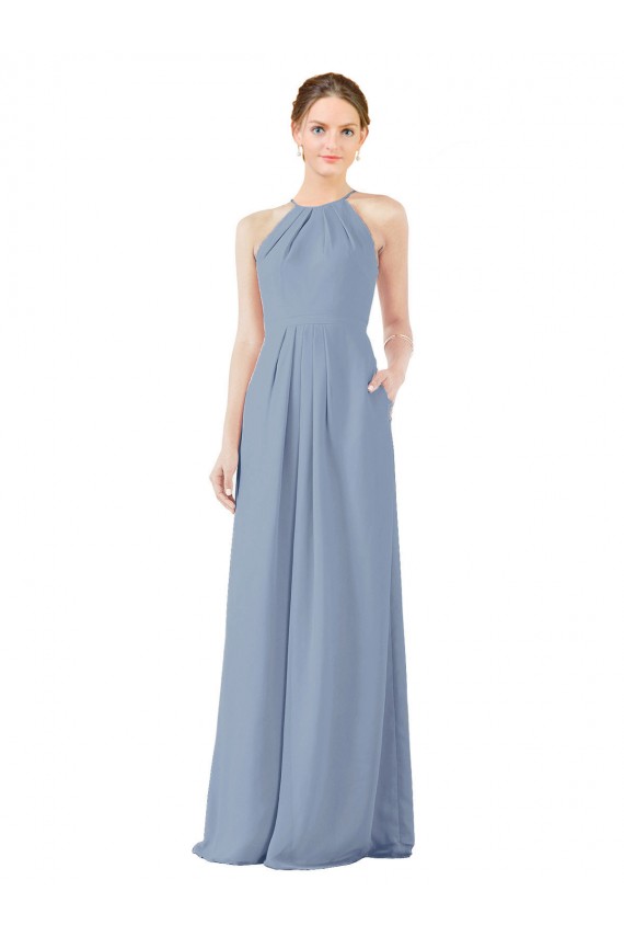 Long Dusty Blue Sleeveless Sheath Keyhole Back Bridesmaid Dress Canberra