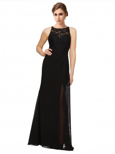 Long Black Sleeveless Sheath Soft Chiffon & Lace Bridesmaid Dress Canberra