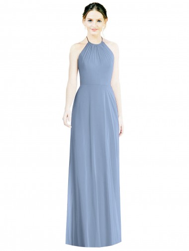 Long Floor Length Dusty Blue Sleeveless A-Line Low Back Bridesmaid Dress Canberra