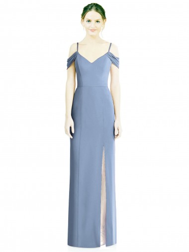 Long Dusty Blue Cold Shoulder A-Line Open Back Formal Evening Gown / Bridesmaid Dress Canberra