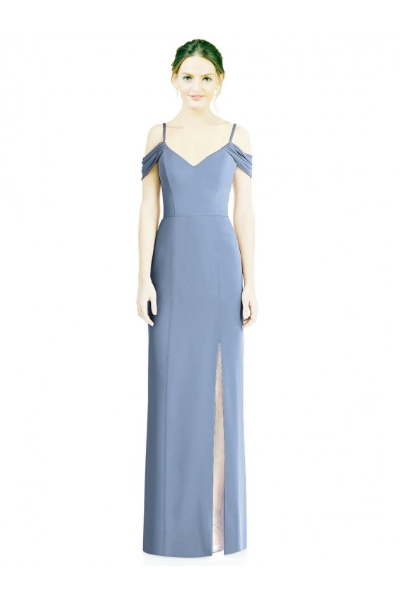 Long Dusty Blue Cold Shoulder A-Line Open Back Formal Evening Gown / Bridesmaid Dress Canberra