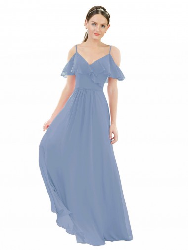 Long Dusty Blue Cap Sleeves A-Line Bridesmaid Dress Canberra