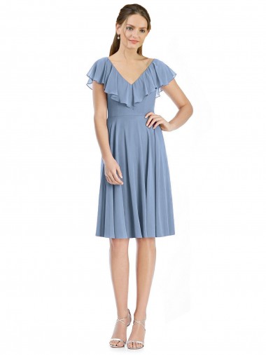 Cocktail Length Dusty Blue Cap Sleeves A-Line V-Back Bridesmaid Dress Canberra