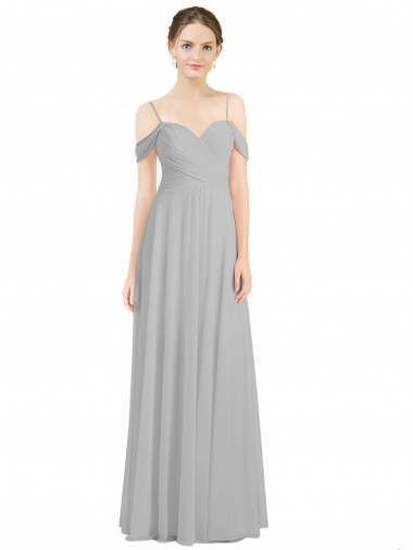 Long Silver Sleeveless A-Line Low Back Bridesmaid Dress Canberra