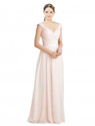 Long Cream Pink Sleeveless A-Line V-Back Soft Chiffon & Lace Bridesmaid Dress Canberra