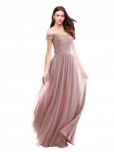 Long Pink Cap Sleeves A-Line Soft Chiffon & Lace Bridesmaid Dress Canberra