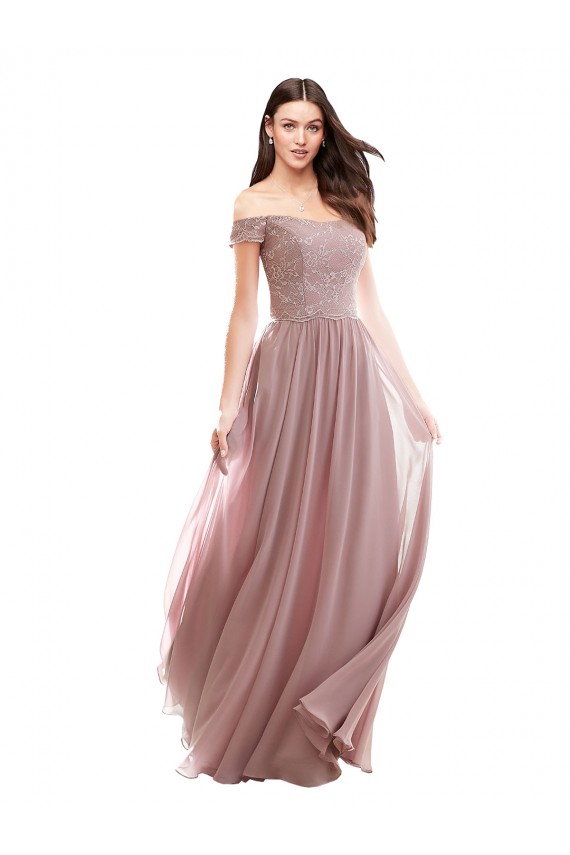 Long Pink Cap Sleeves A-Line Soft Chiffon & Lace Bridesmaid Dress Canberra