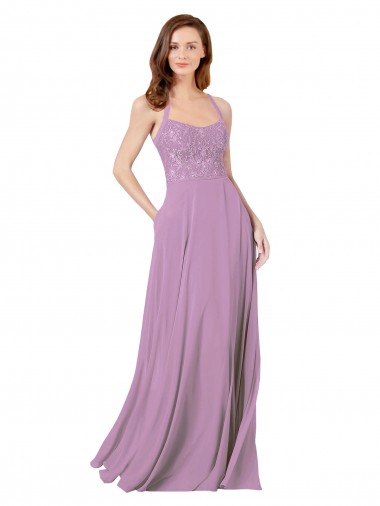 Long Dark Lavender Sleeveless A-Line Soft Chiffon & Lace Bridesmaid Dress Canberra