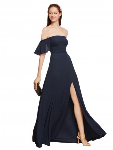 Long Dark Navy Sleeveless A-Line High Slit Prom Dress / Bridesmaid Dress Canberra