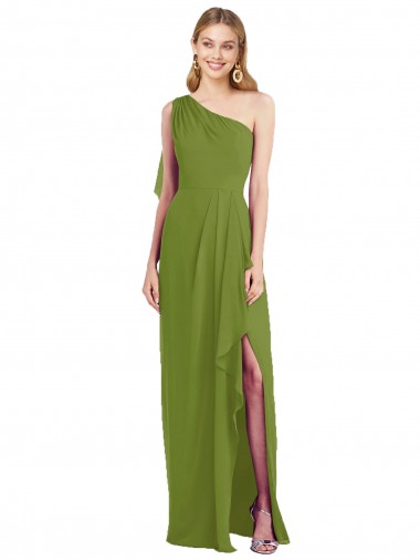 Long Olive Green Sleeveless Trumpet Draped Front Slit Bridesmaid Dress Canberra