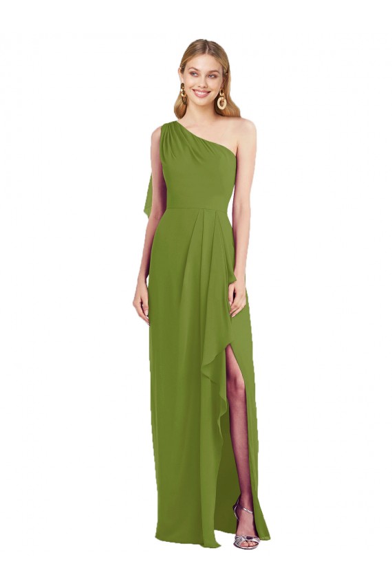 Long Olive Green Sleeveless Trumpet Draped Front Slit Bridesmaid Dress Canberra