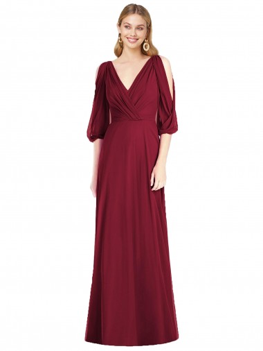 Long Burgundy Bell Sleeves Trumpet V-Back Formal Dress / Bridesmaid Dress Canberra