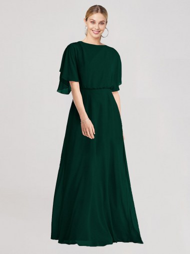 Long Ever Green Flutter Sleeves A-Line Tie Back Bridesmaid Dress Canberra