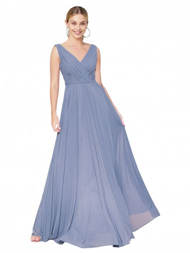 Long Dusty Blue Sleeveless A-Line V-Back Formal Evening Gown / Prom Dress / Bridesmaid Dress Canberra