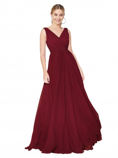 Long Burgundy Sleeveless A-Line V-Back Soft Chiffon Formal Dress / Bridesmaid Dress Canberra