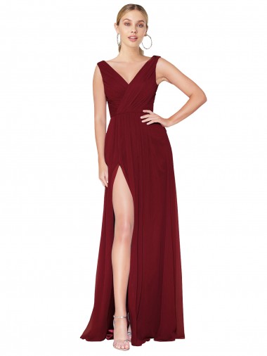 Long Burgundy Sleeveless A-Line V-Back High Slit Black Tie Evening Gown / Prom Dress / Bridesmaid Dress Canberra