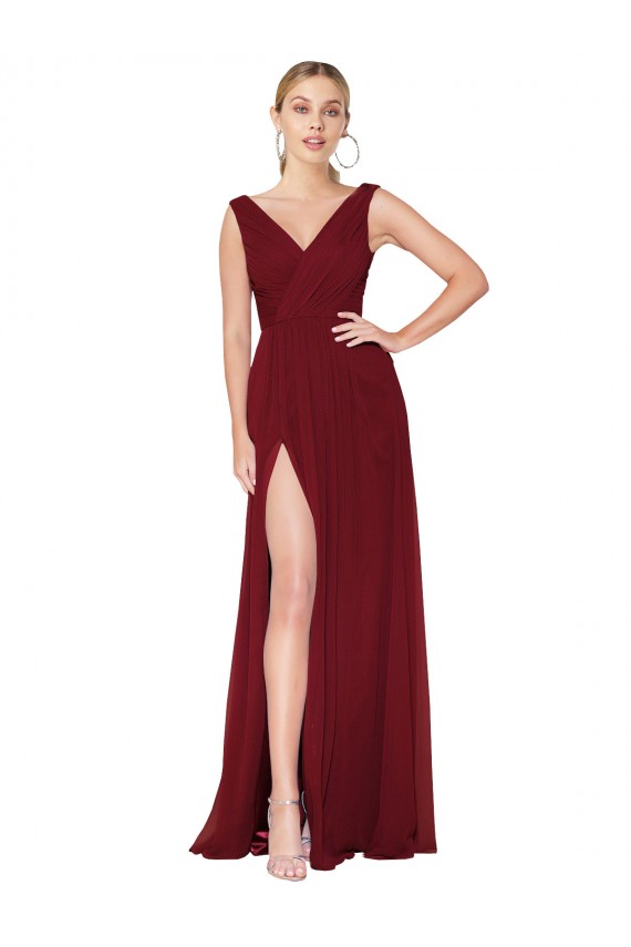 Long Burgundy Sleeveless A-Line V-Back High Slit Black Tie Evening Gown / Prom Dress / Bridesmaid Dress Canberra