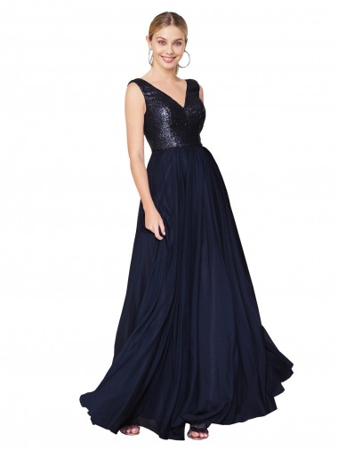 Long Dark Navy Sleeveless A-Line V-Back Semi Formal Evening Gown / Prom Dress / Bridesmaid Dress Canberra