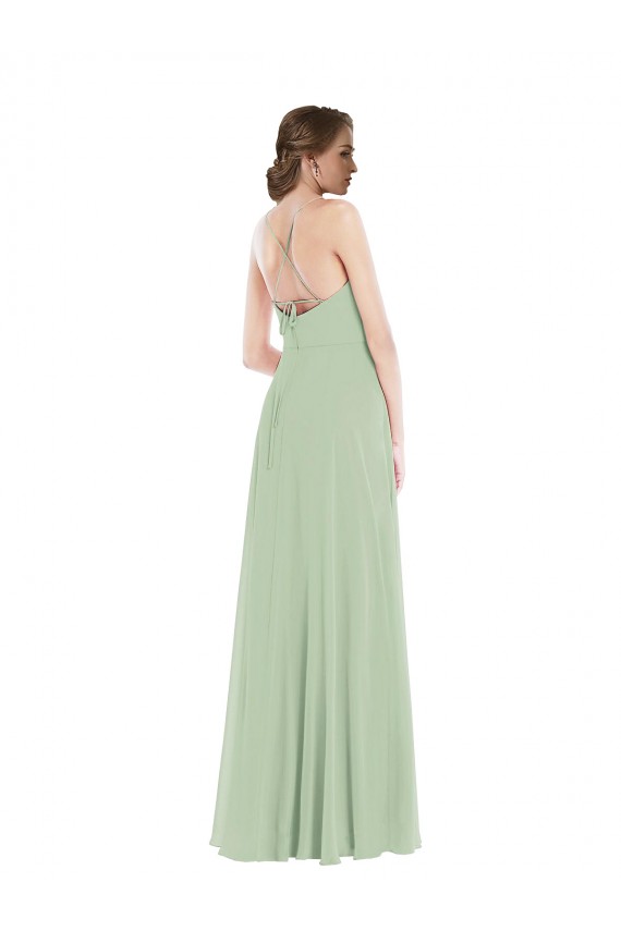 Long Sage Sleeveless A-Line Open Back Front Slit Semi Formal Evening Dress / Bridesmaid Dress Canberra