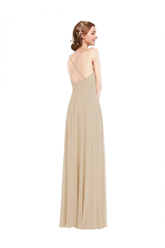 Long Champagne Sleeveless A-Line Open Back Semi Formal Evening Dress / Bridesmaid Dress Canberra