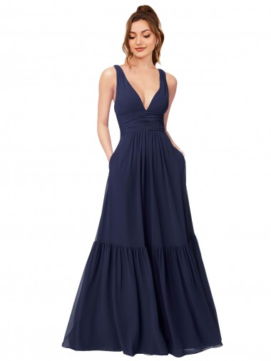 Long Full Length Dark Navy Sleeveless A-Line V-Back Formal Dress / Bridesmaid Dress Canberra