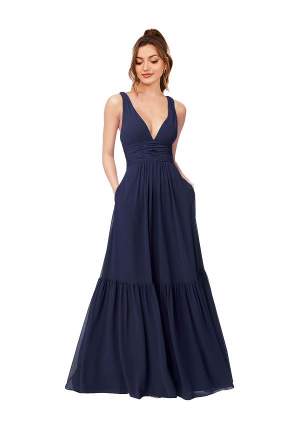 Long Full Length Dark Navy Sleeveless A-Line V-Back Formal Dress / Bridesmaid Dress Canberra