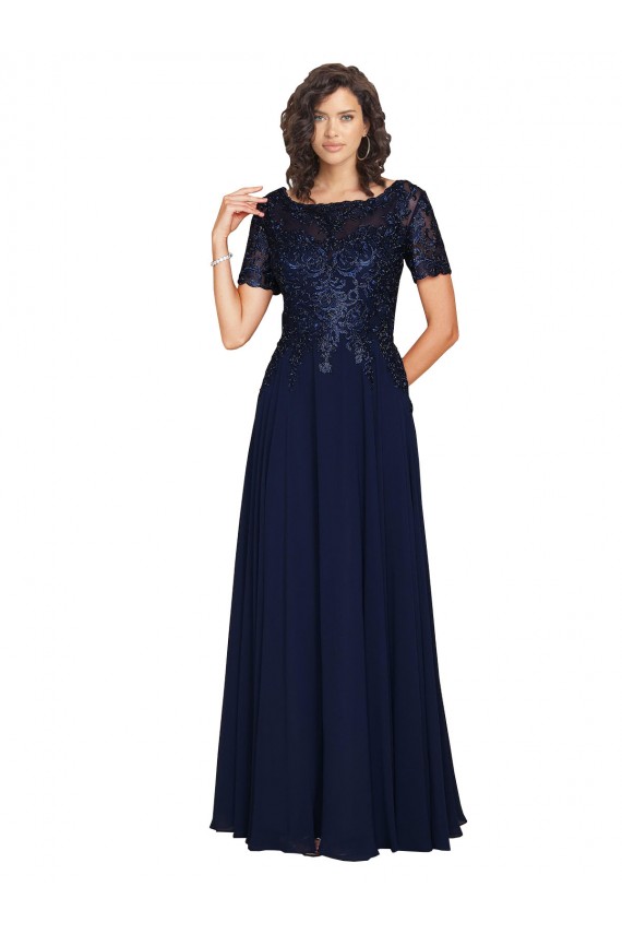 Long Dark Navy Short Sleeves A-Line Prom Dress / Bridesmaid Dress Canberra