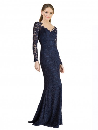 Long Dark Navy Long Sleeves Mermaid Keyhole Back Prom Dress / Bridesmaid Dress Canberra