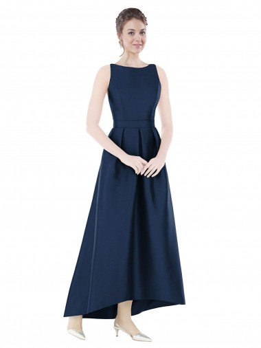 Long Dark Navy Sleeveless A-Line Satin High Low Bridesmaid Dress Canberra