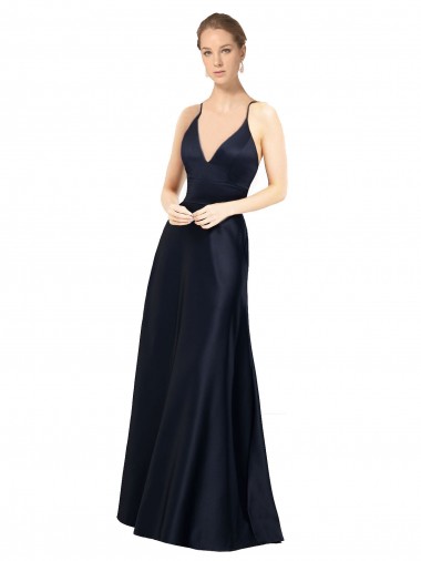 Long Dark Navy Sleeveless A-Line Satin Prom Dress / Bridal Party Dress Canberra