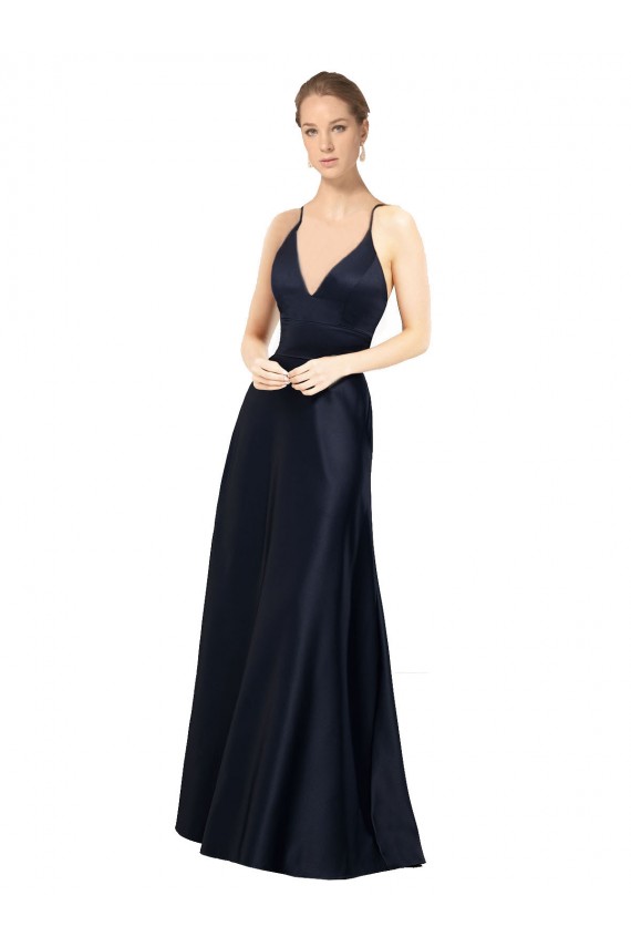 Long Dark Navy Sleeveless A-Line Satin Prom Dress / Bridal Party Dress Canberra