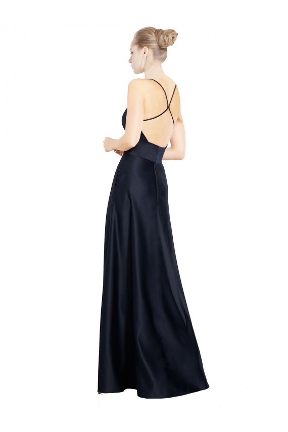 Long Dark Navy Sleeveless A-Line Satin Prom Dress / Bridal Party Dress Canberra