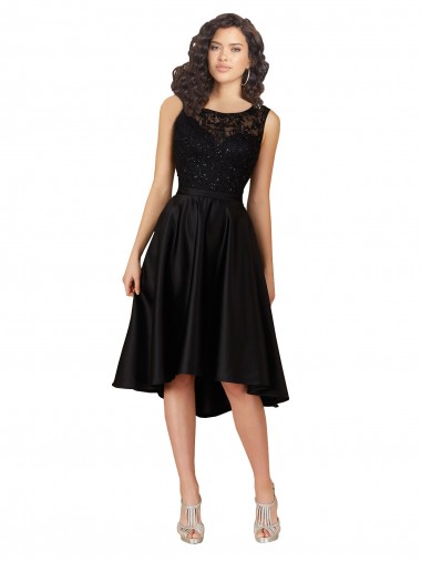 Midi Length Black Sleeveless A-Line Satin & Lace High Low Bridesmaid Dress Canberra