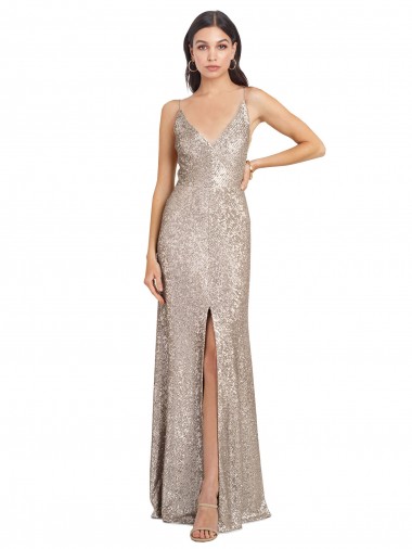 Long Silver Sleeveless Sheath V-Back Front Slit Formal Evening Gown / Prom Dress / Bridesmaid Dress Canberra