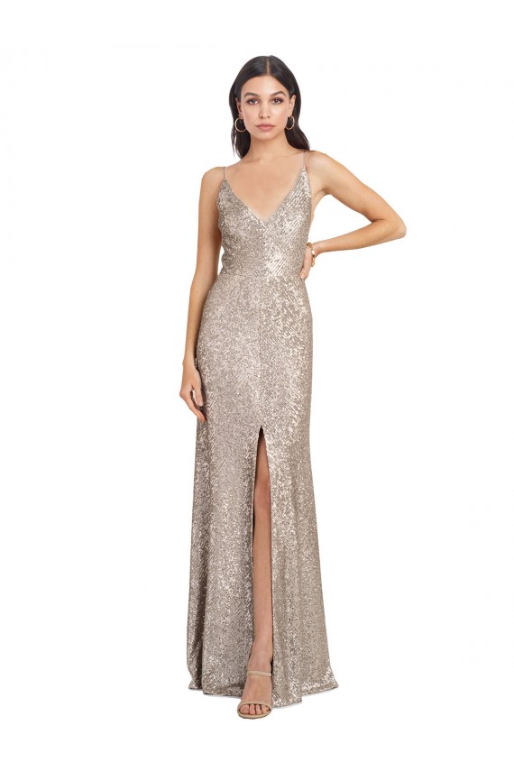 Long Silver Sleeveless Sheath V-Back Front Slit Formal Evening Gown / Prom Dress / Bridesmaid Dress Canberra