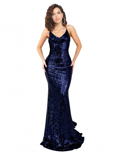 Long Dark Navy Sleeveless Mermaid Open Back Sequin Formal Evening Gown / Prom Dress / Bridesmaid Dress Canberra