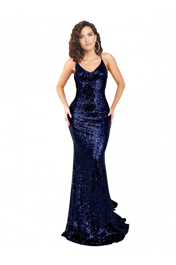 Long Dark Navy Sleeveless Mermaid Open Back Sequin Formal Evening Gown / Prom Dress / Bridesmaid Dress Canberra