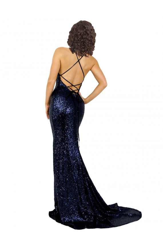 Long Dark Navy Sleeveless Mermaid Open Back Sequin Formal Evening Gown / Prom Dress / Bridesmaid Dress Canberra