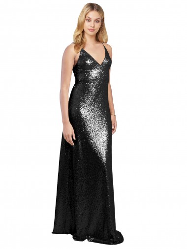 Long Black Sleeveless A-Line V-Back Sequin Formal Evening Gown / Prom Dress / Bridesmaid Dress Canberra