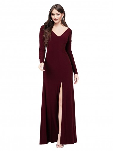 Long Burgundy Gold Long Sleeves Sheath V-Back Prom Dress / Bridesmaid Dress Canberra