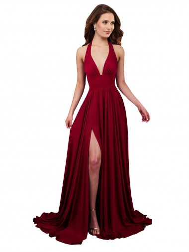 Long Burgundy Sleeveless A-Line Open Back Side Slit Black Tie Evening Gown / Prom Dress / Bridesmaid Dress Canberra