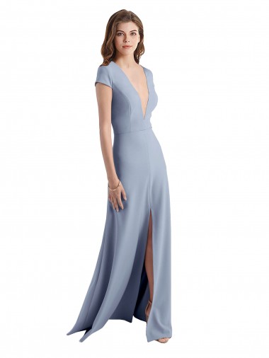 Long Smoke Blue Cap Sleeves Sheath Prom Dress / Bridesmaid Dress Canberra